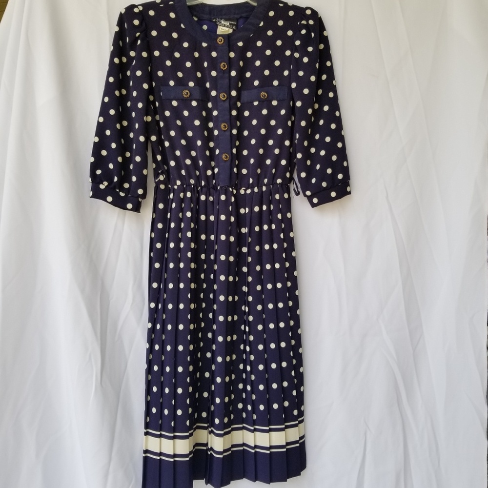 Vintage navy / white pokadots pleated skirt dress
